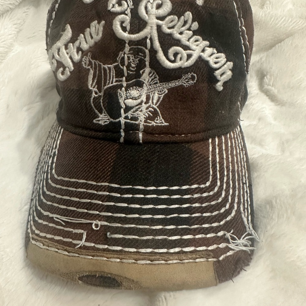 Vintage TRUE RELIGION Hat Distressed Plaid Buddha Baseball Trucker Hat RARE